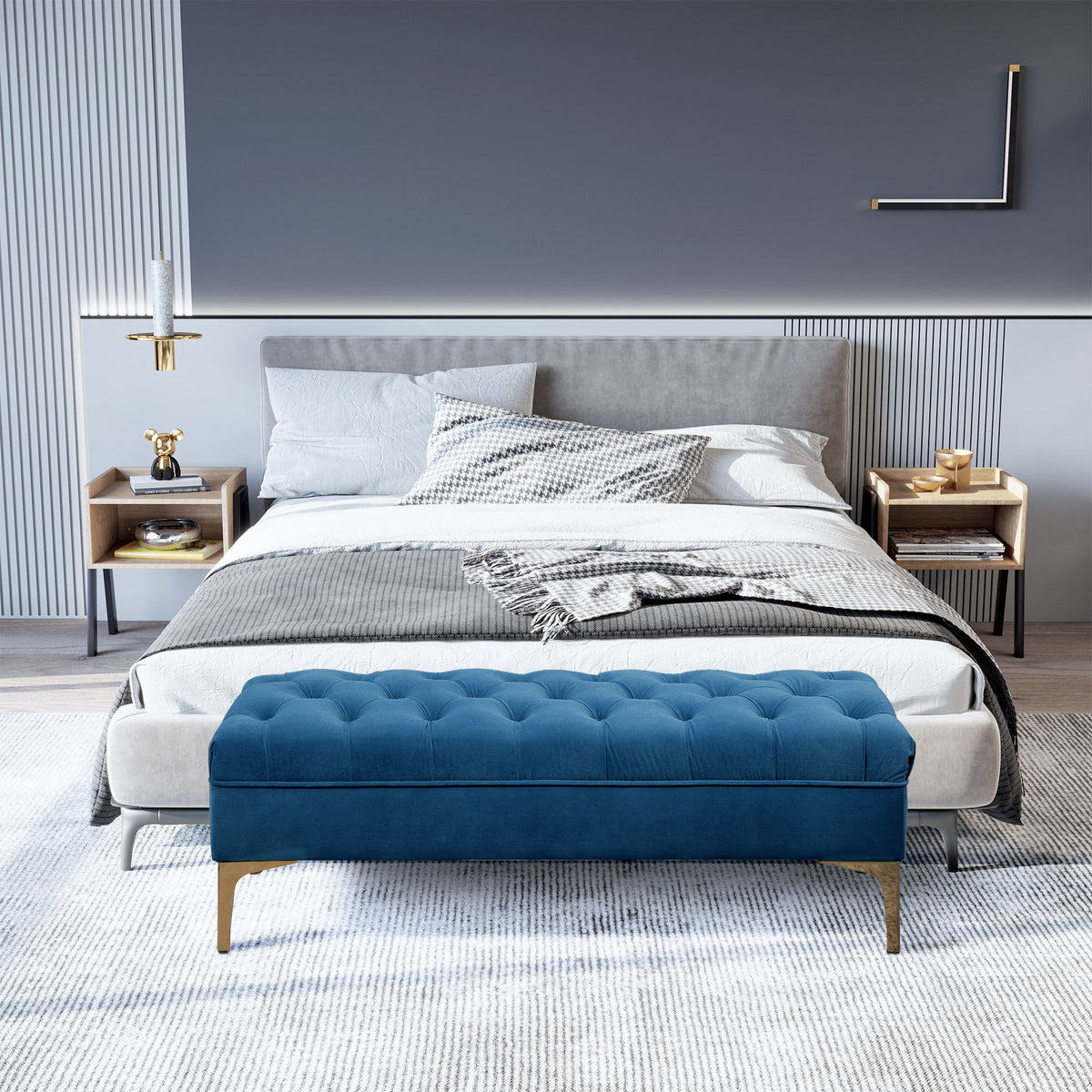 End of Bed Bench, Upholstered Bench, Entryway Shoe Bench with Button Tufted for Living Room, Bedroom, Blue – view 6