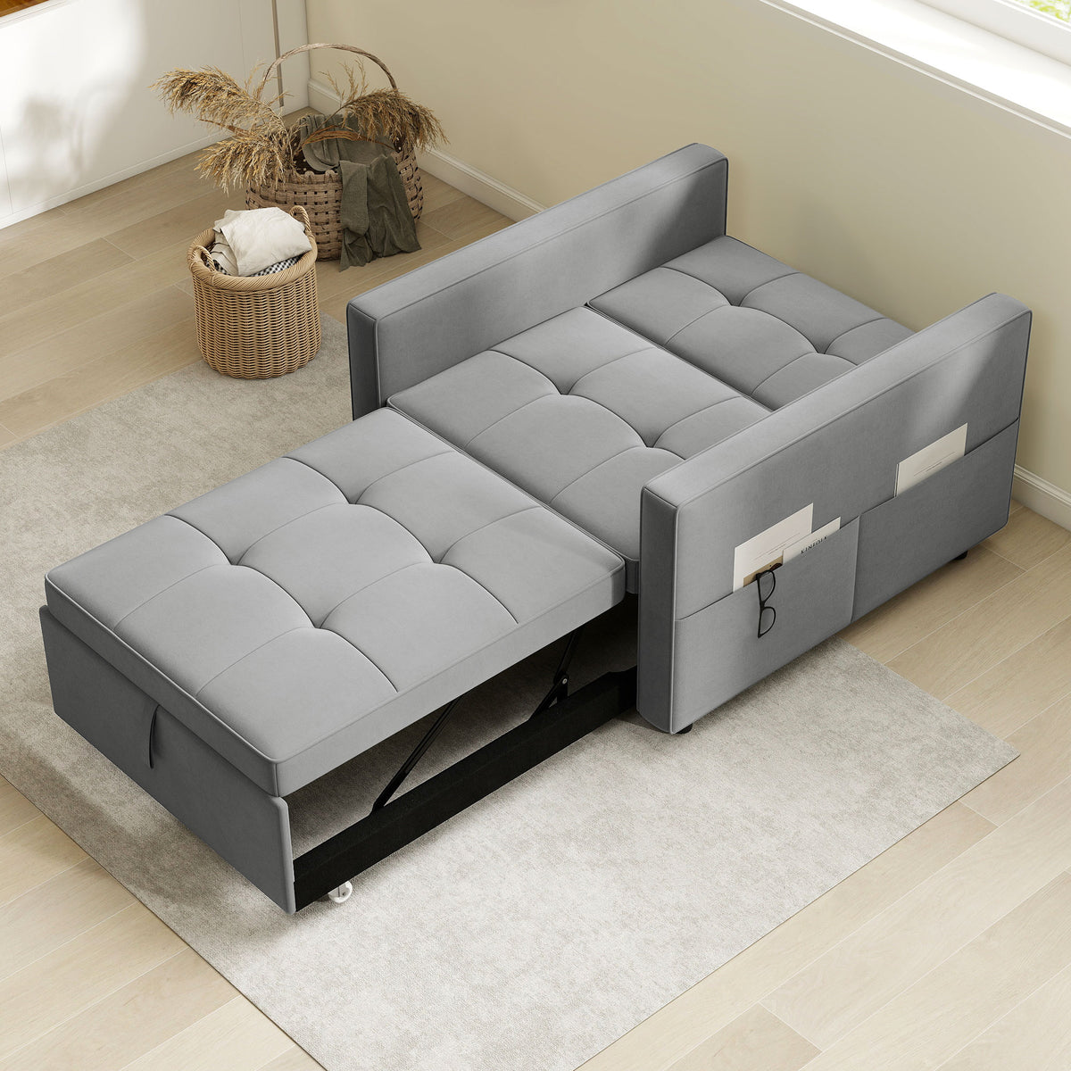 Convertible Chair Bed, Pull Out Sleeper Chair with USB, Adjustable Backrest, Small Velvet Futon Sofa Bed – view 14