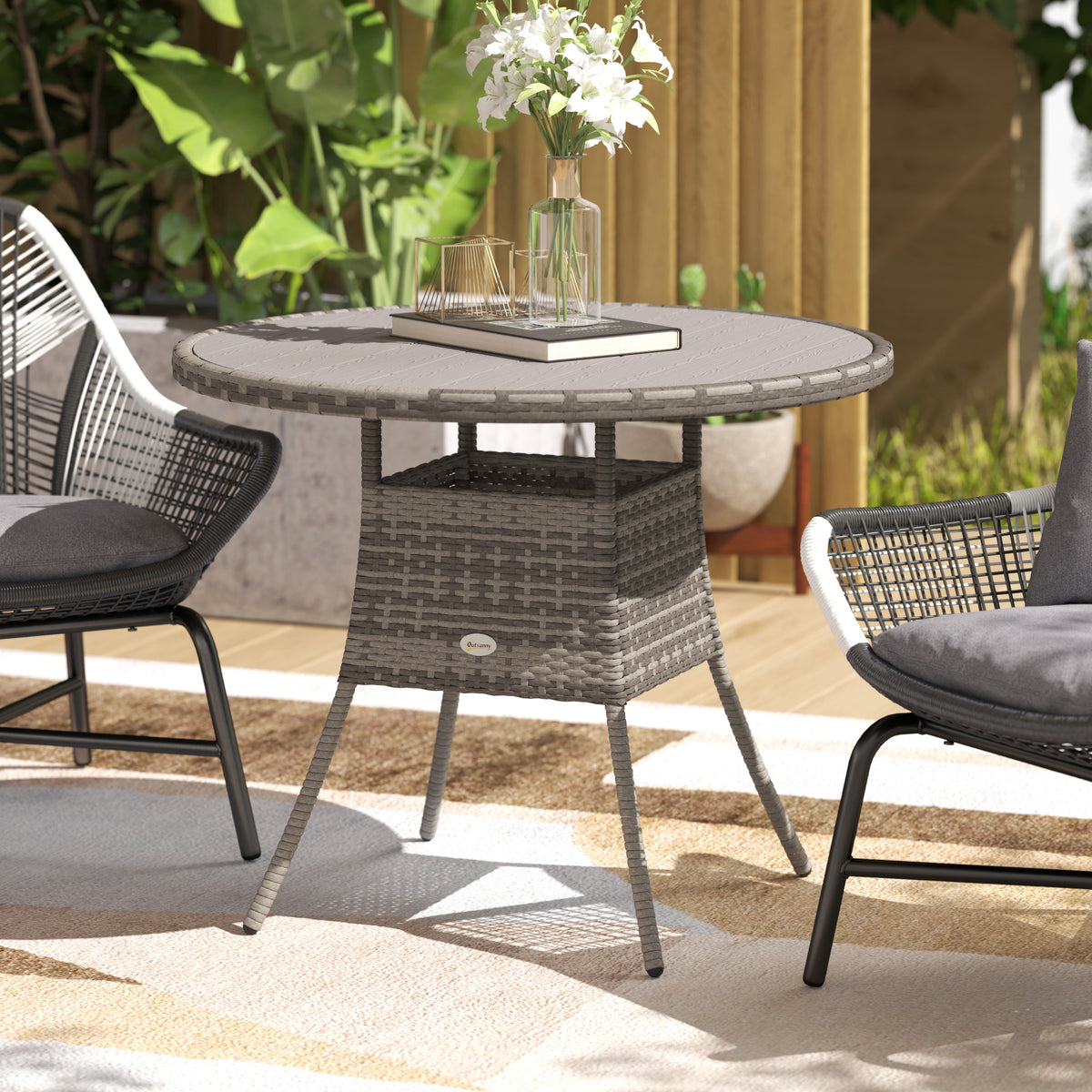 27.5" Outdoor Wicker Dining Table, PE Rattan Patio Furniture with Wood-plastic Composite Top, Grey – view 14