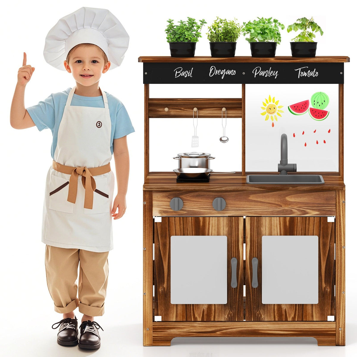 Mud Kitchen Fir Wood Play Kitchen with 4 Panting Pots Faucet Removable Sink-Natural view 3