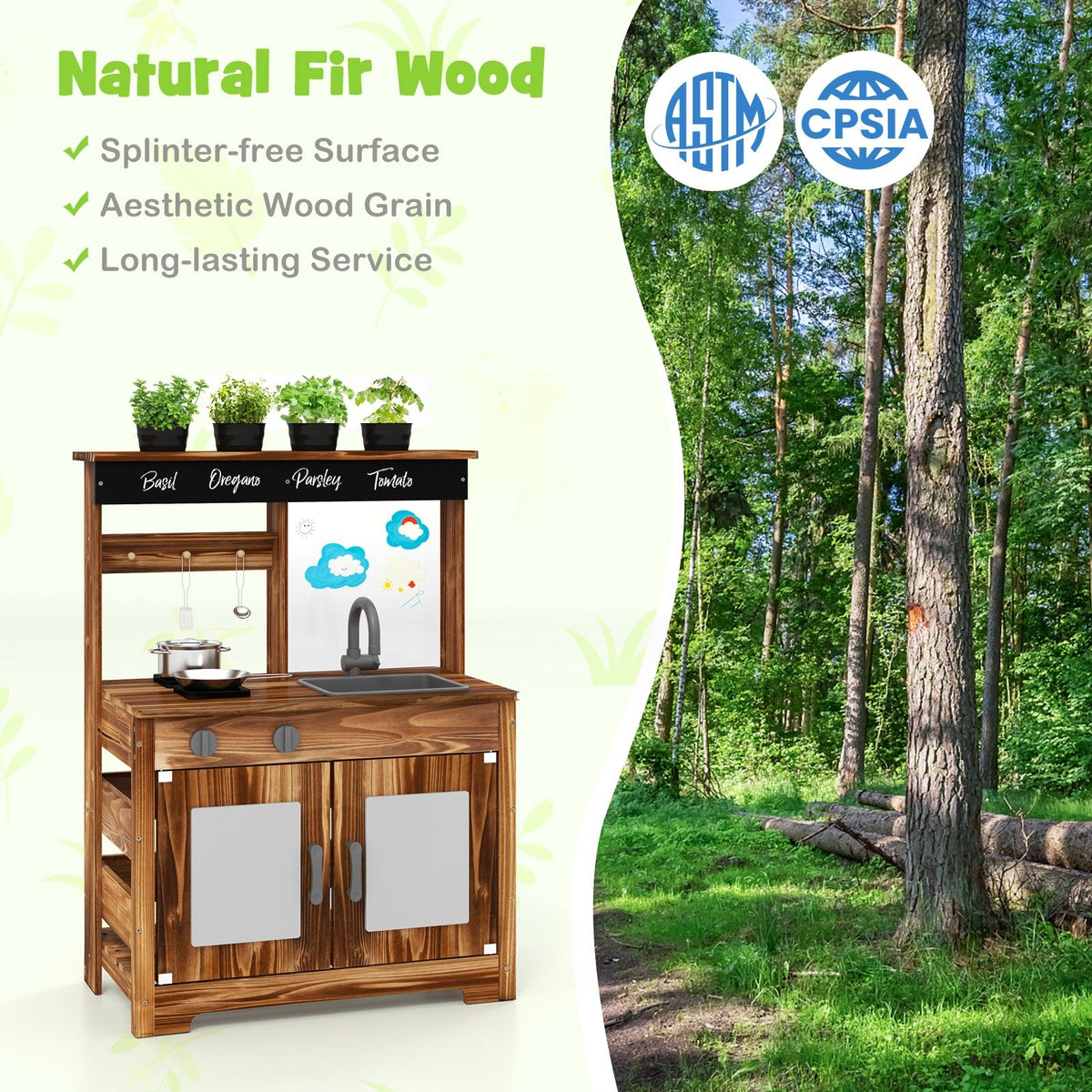 Mud Kitchen Fir Wood Play Kitchen with 4 Panting Pots Faucet Removable Sink-Natural view 5