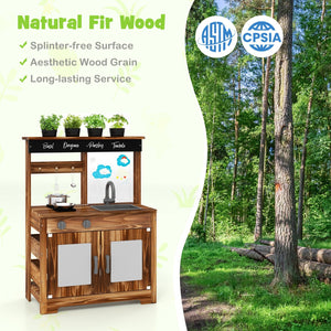 Mud Kitchen Fir Wood Play Kitchen with 4 Panting Pots Faucet Removable Sink-Natural view 5