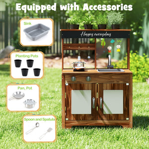 Mud Kitchen Fir Wood Play Kitchen with 4 Panting Pots Faucet Removable Sink-Natural view 8