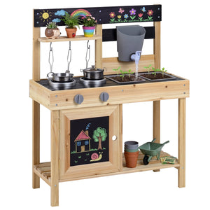 Mud Kitchen Playset Kids Play Kitchen Outdoor with 2 Removable Sinks-Natural