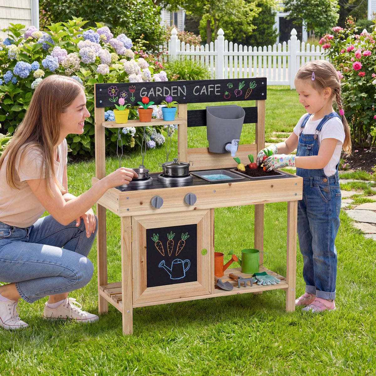 Mud Kitchen Playset Kids Play Kitchen Outdoor with 2 Removable Sinks-Natural view 2
