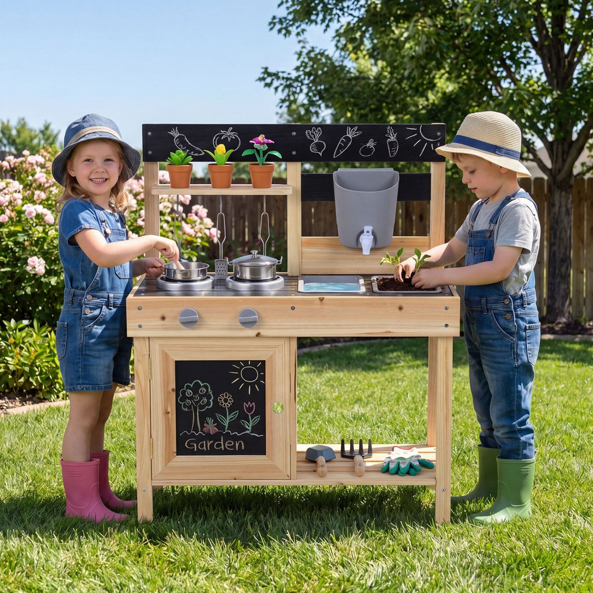 Mud Kitchen Playset Kids Play Kitchen Outdoor with 2 Removable Sinks-Natural view 3