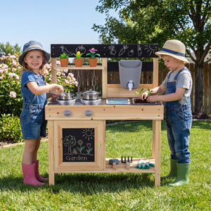 Mud Kitchen Playset Kids Play Kitchen Outdoor with 2 Removable Sinks-Natural view 3