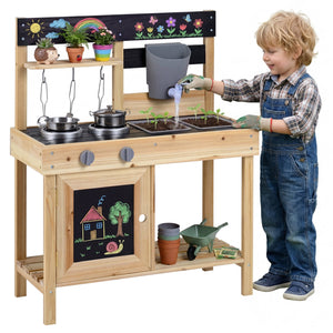 Mud Kitchen Playset Kids Play Kitchen Outdoor with 2 Removable Sinks-Natural view 4
