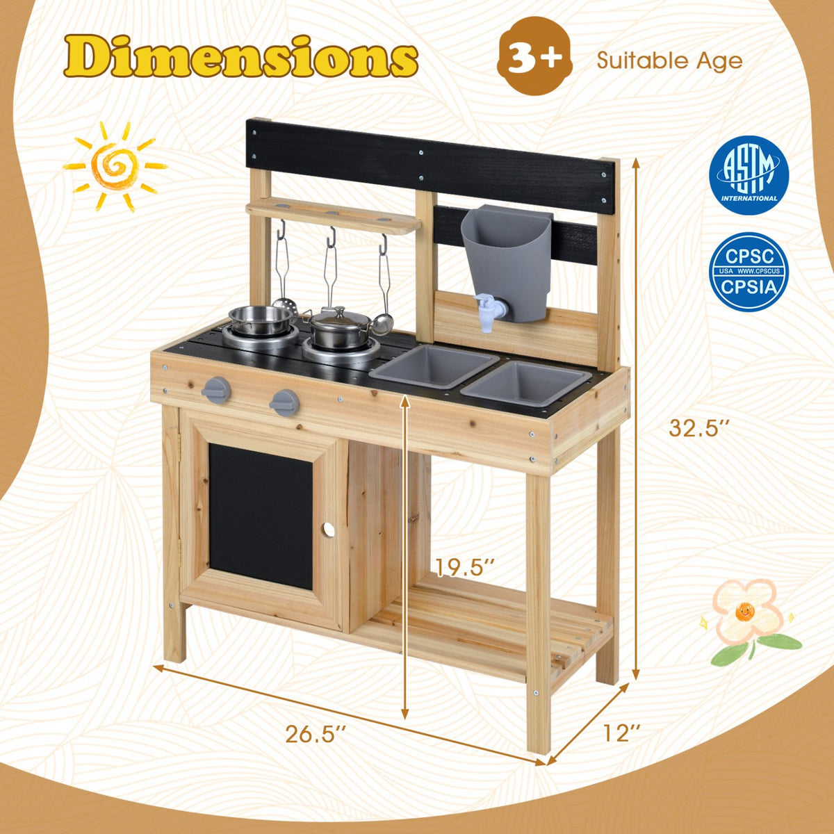 Mud Kitchen Playset Kids Play Kitchen Outdoor with 2 Removable Sinks-Natural view 5