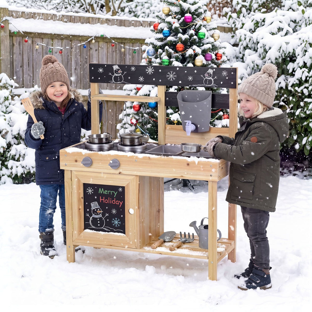 Mud Kitchen Playset Kids Play Kitchen Outdoor with 2 Removable Sinks-Natural view 6