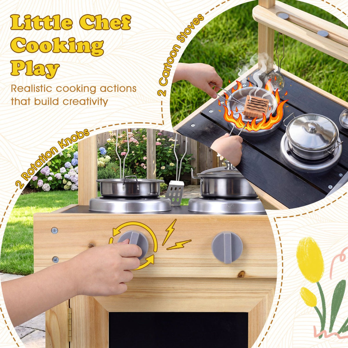 Mud Kitchen Playset Kids Play Kitchen Outdoor with 2 Removable Sinks-Natural view 8
