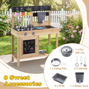 Mud Kitchen Playset Kids Play Kitchen Outdoor with 2 Removable Sinks-Natural view 9