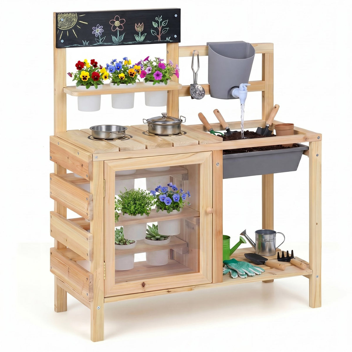 Mud Kitchen Playset with Sink and Plants Observation Room-Natural
