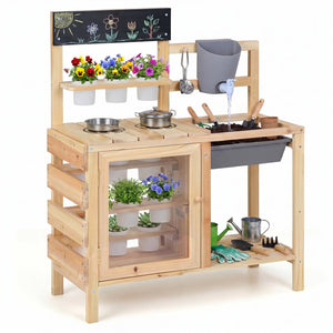 Mud Kitchen Playset with Sink and Plants Observation Room-Natural