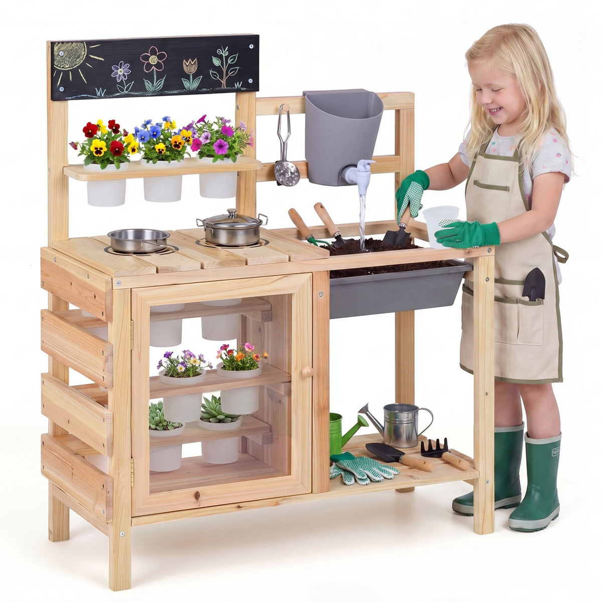 Mud Kitchen Playset with Sink and Plants Observation Room-Natural view 4