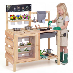 Mud Kitchen Playset with Sink and Plants Observation Room-Natural view 4