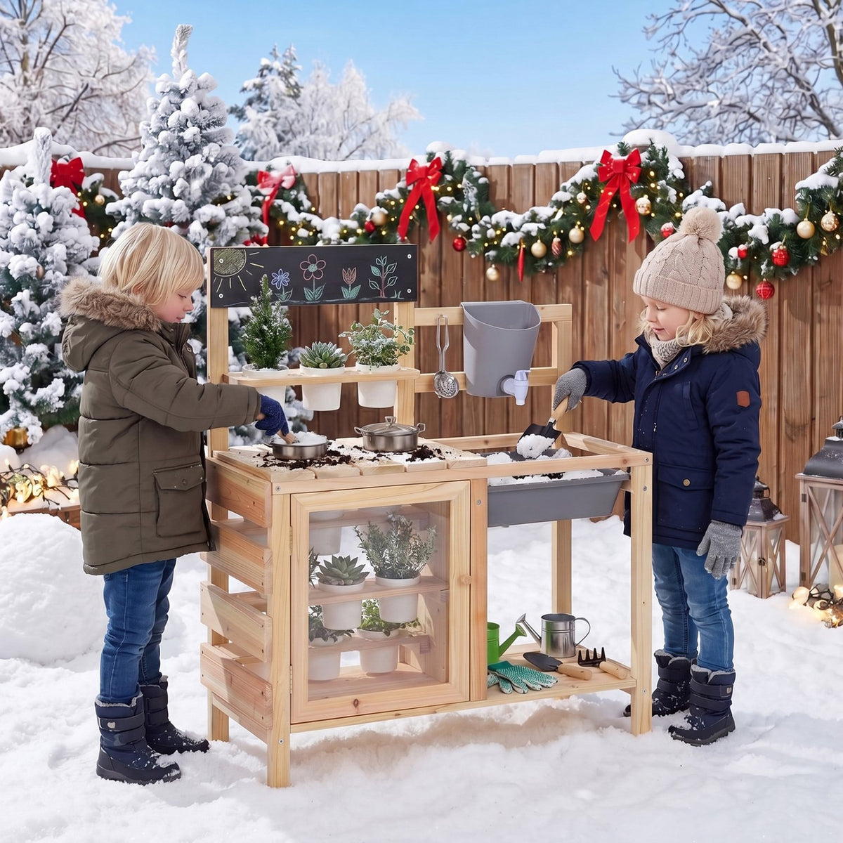 Mud Kitchen Playset with Sink and Plants Observation Room-Natural view 6