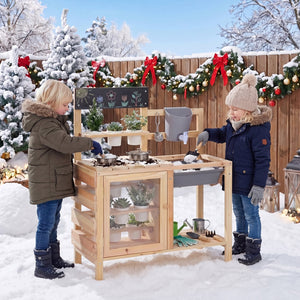 Mud Kitchen Playset with Sink and Plants Observation Room-Natural view 6