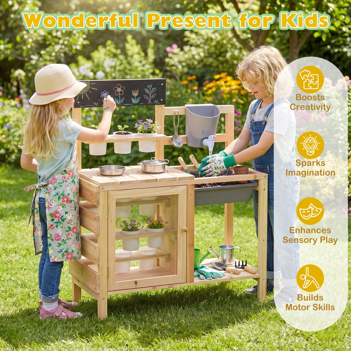 Mud Kitchen Playset with Sink and Plants Observation Room-Natural view 7