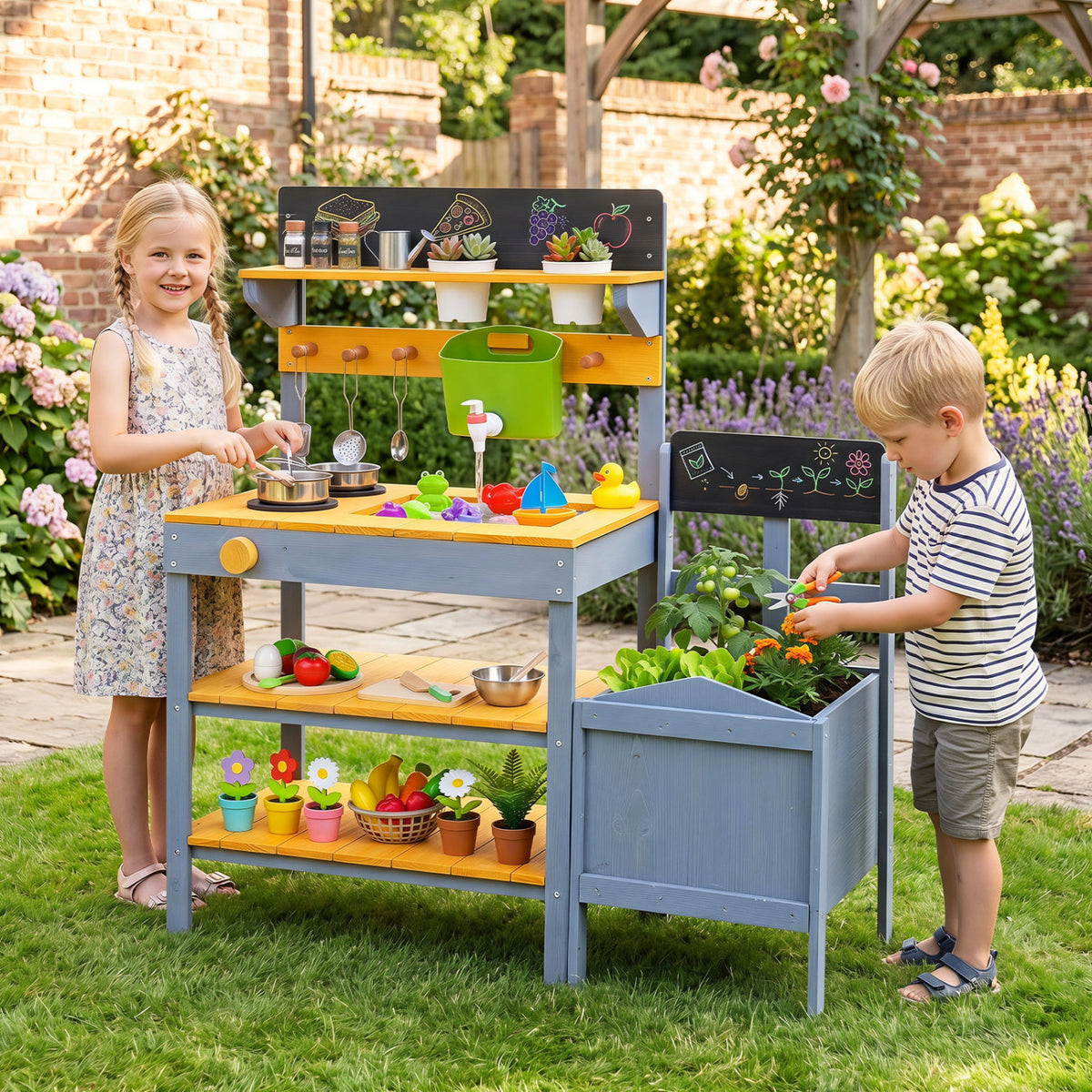 Mud Kitchen Set for Kids with Running Water Reservoir and Plant Pots for 3+-Yellow view 2