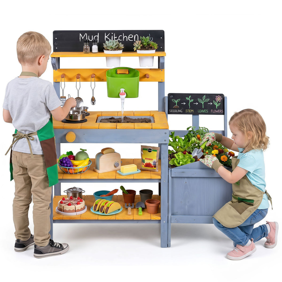 Mud Kitchen Set for Kids with Running Water Reservoir and Plant Pots for 3+-Yellow view 3