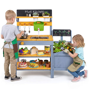 Mud Kitchen Set for Kids with Running Water Reservoir and Plant Pots for 3+-Yellow view 3