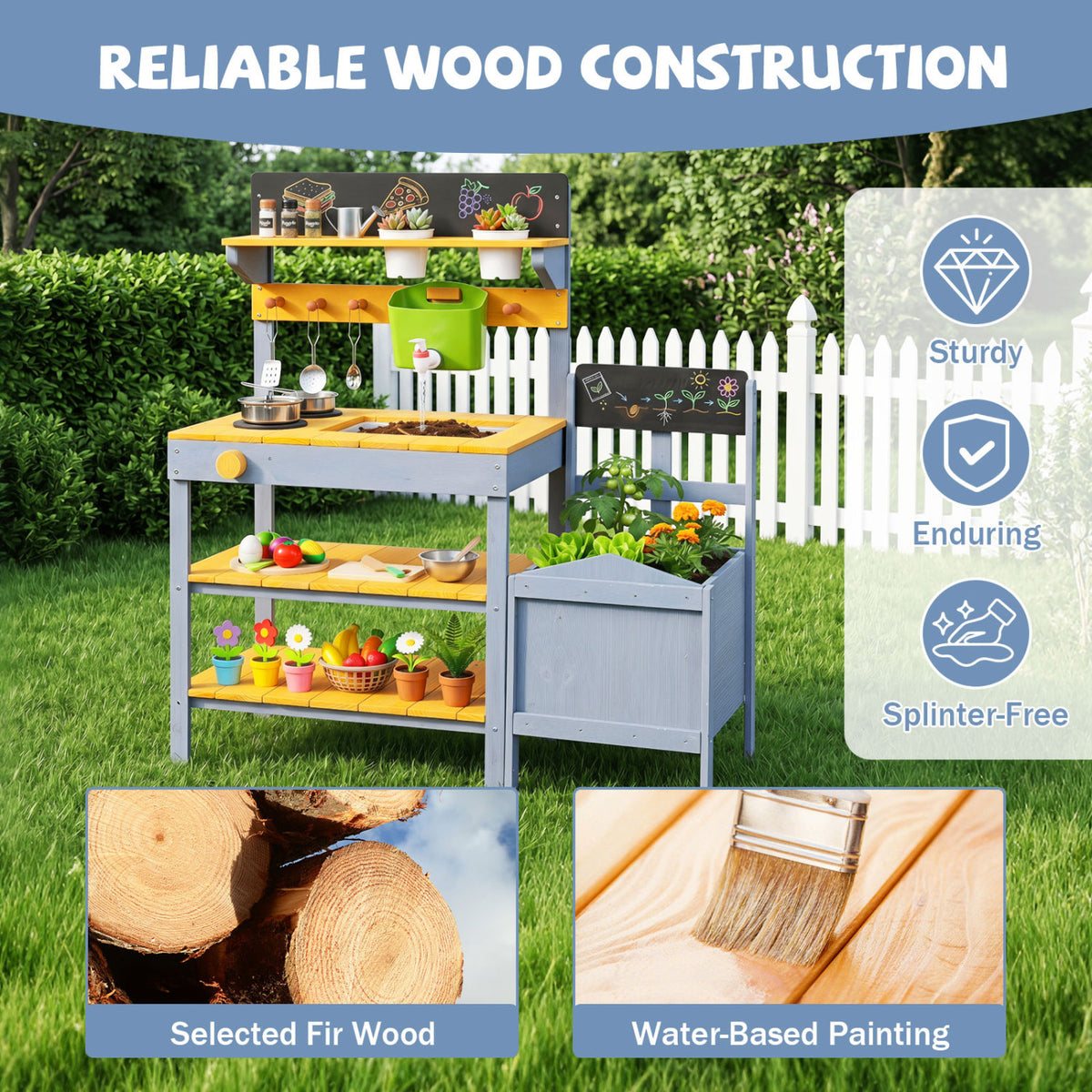 Mud Kitchen Set for Kids with Running Water Reservoir and Plant Pots for 3+-Yellow view 6