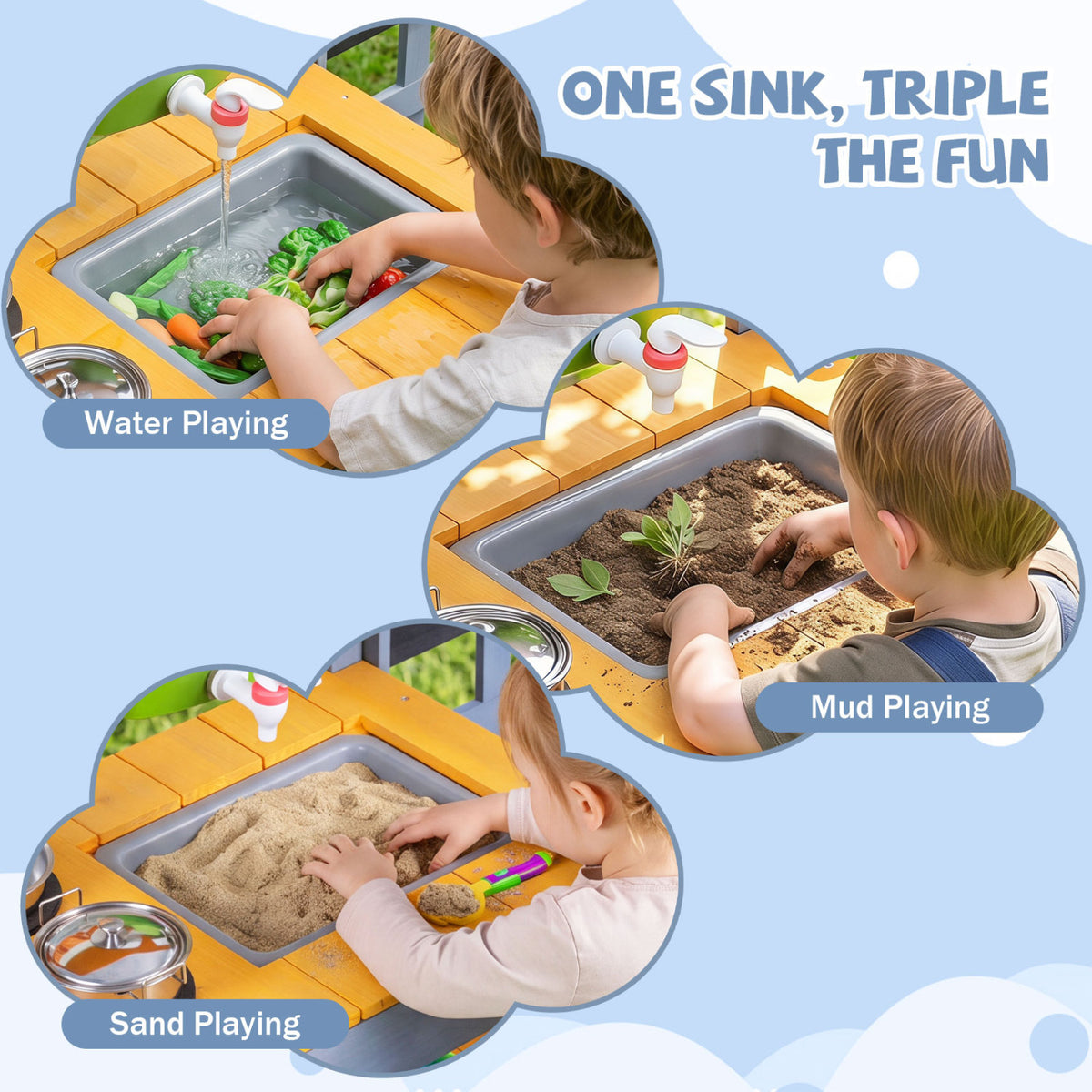 Mud Kitchen Set for Kids with Running Water Reservoir and Plant Pots for 3+-Yellow view 7
