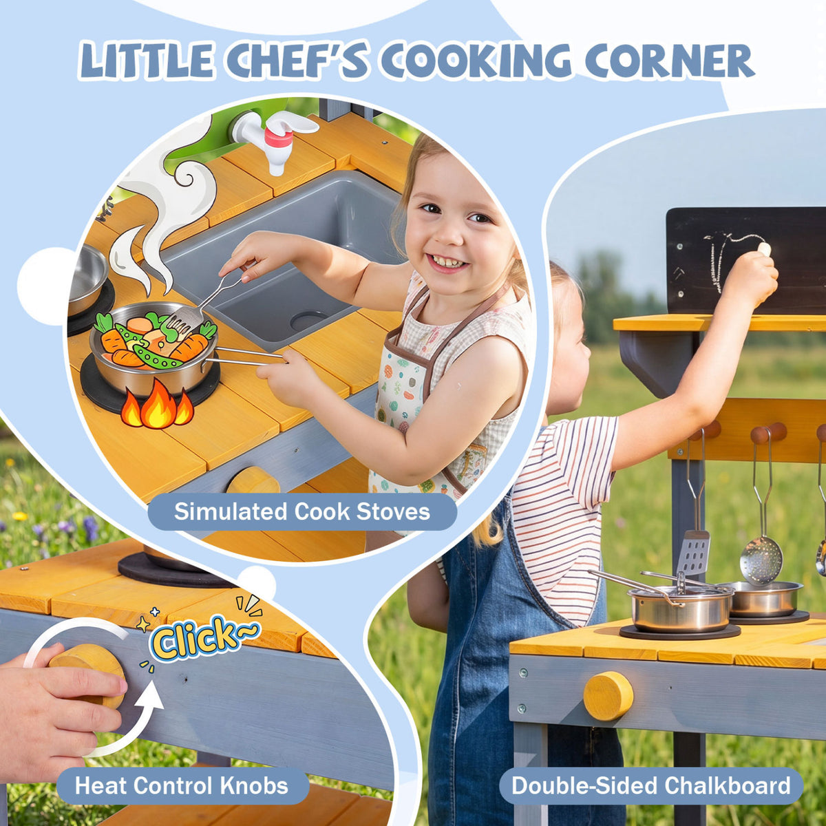Mud Kitchen Set for Kids with Running Water Reservoir and Plant Pots for 3+-Yellow view 8