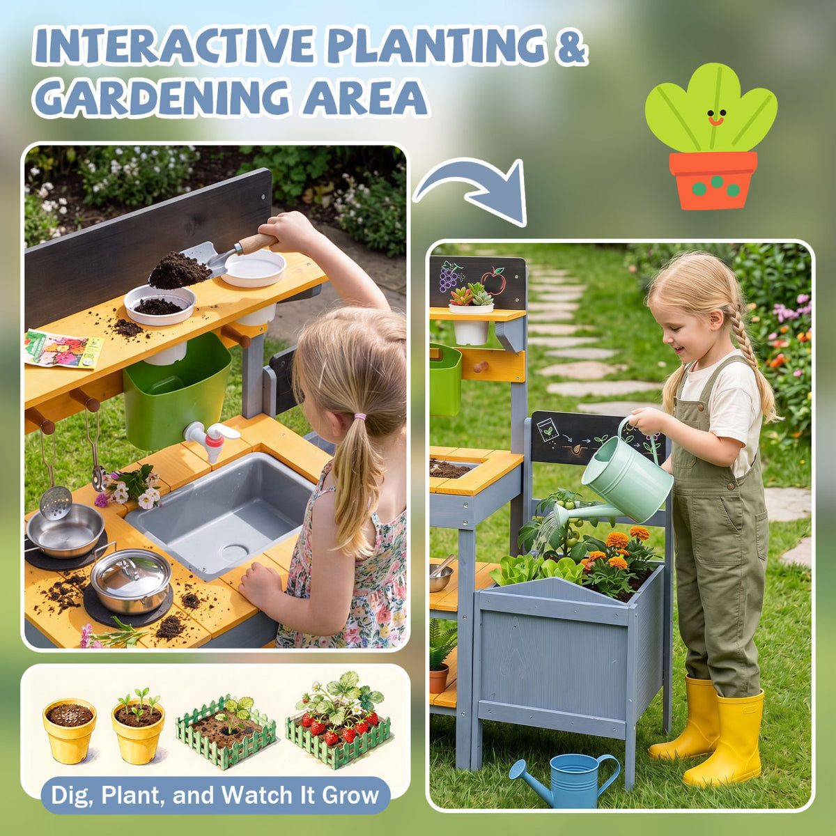 Mud Kitchen Set for Kids with Running Water Reservoir and Plant Pots for 3+-Yellow view 9