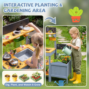 Mud Kitchen Set for Kids with Running Water Reservoir and Plant Pots for 3+-Yellow view 9