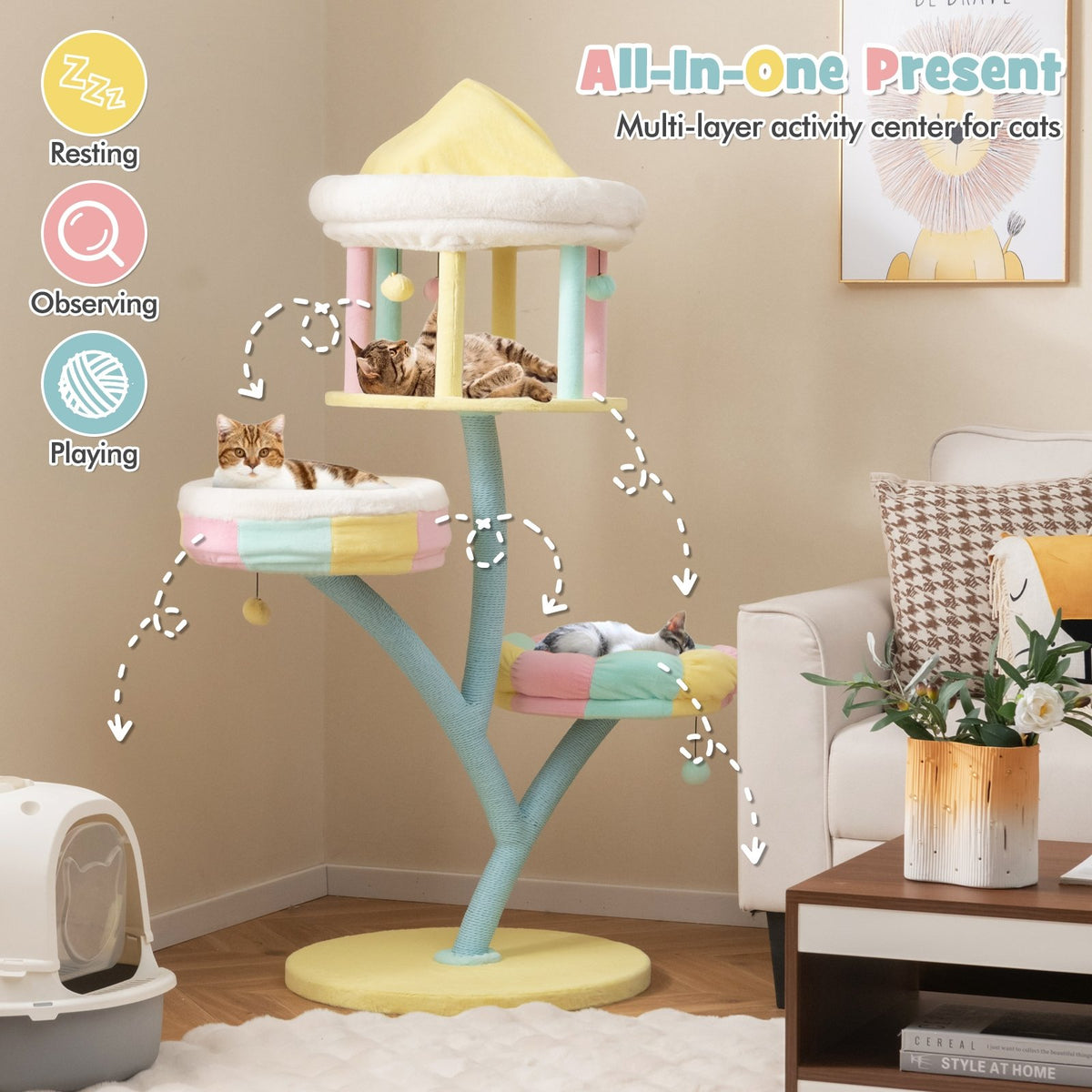 Multi-Layer Cat Tree with 2 Removable Perches Scratching Posts-Color view 6