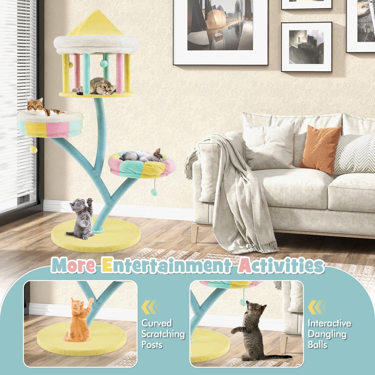 Multi-Layer Cat Tree with 2 Removable Perches Scratching Posts-Color view 9