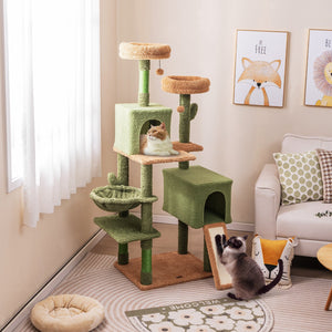 Multi-level Cactus Cat Tree with Scratching Posts Ladder Double Condos and Toys Bed-Green view 2