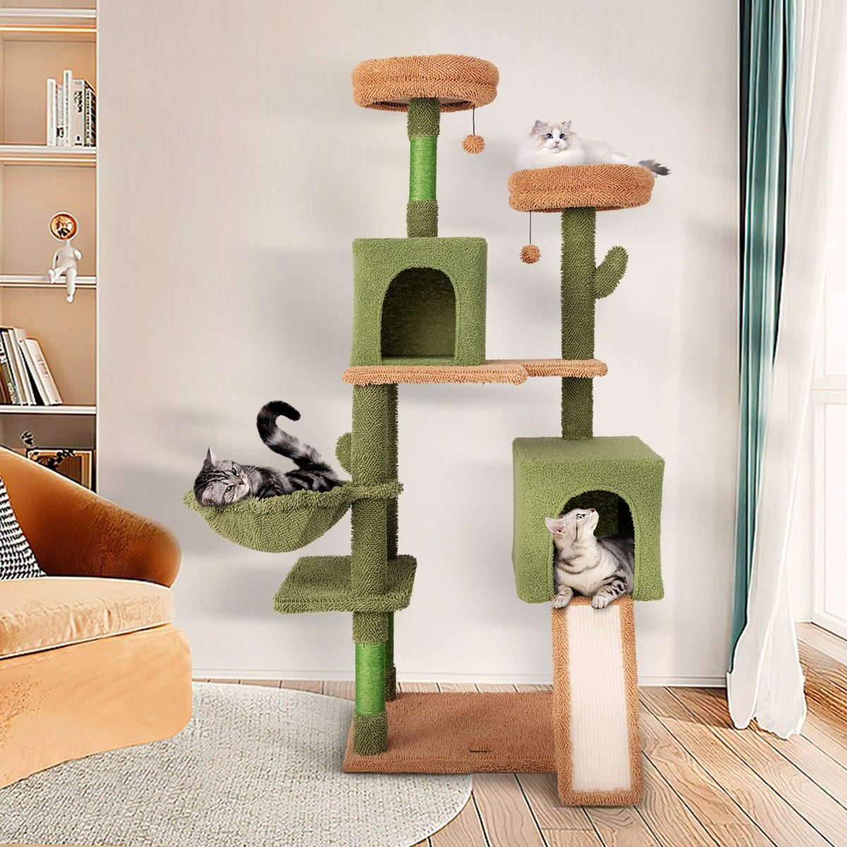 Multi-level Cactus Cat Tree with Scratching Posts Ladder Double Condos and Toys Bed-Green view 3