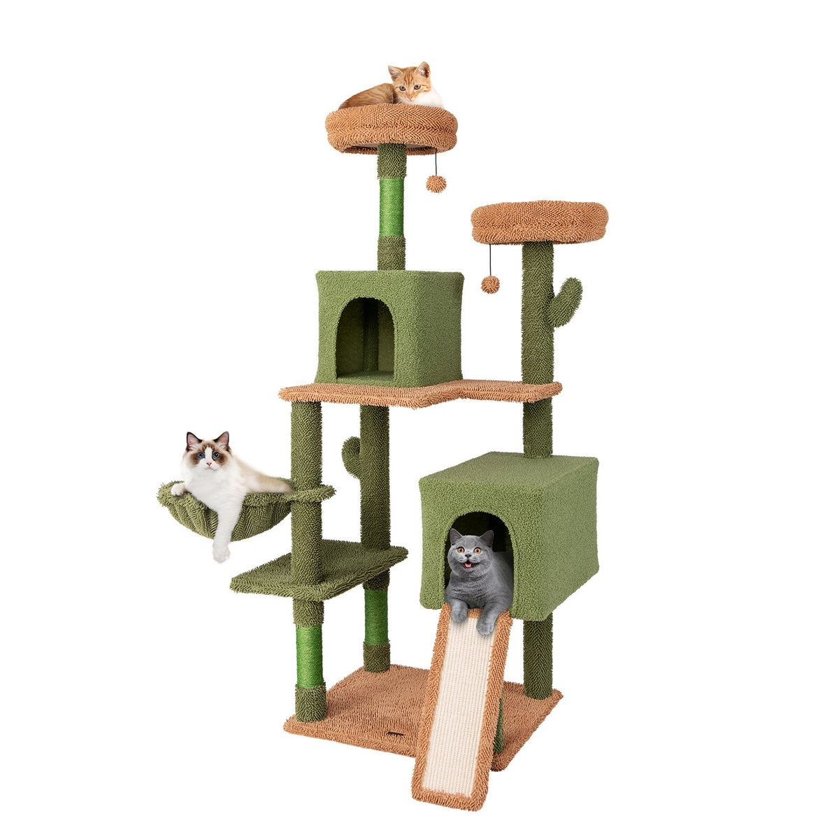 Multi-level Cactus Cat Tree with Scratching Posts Ladder Double Condos and Toys Bed-Green view 4