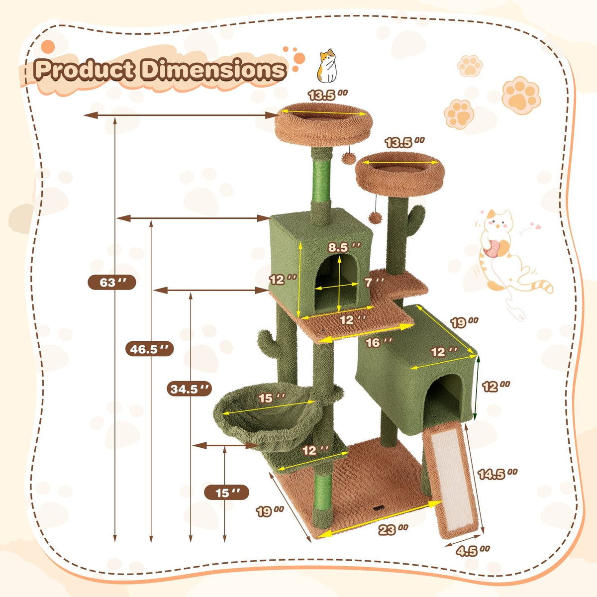 Multi-level Cactus Cat Tree with Scratching Posts Ladder Double Condos and Toys Bed-Green view 5
