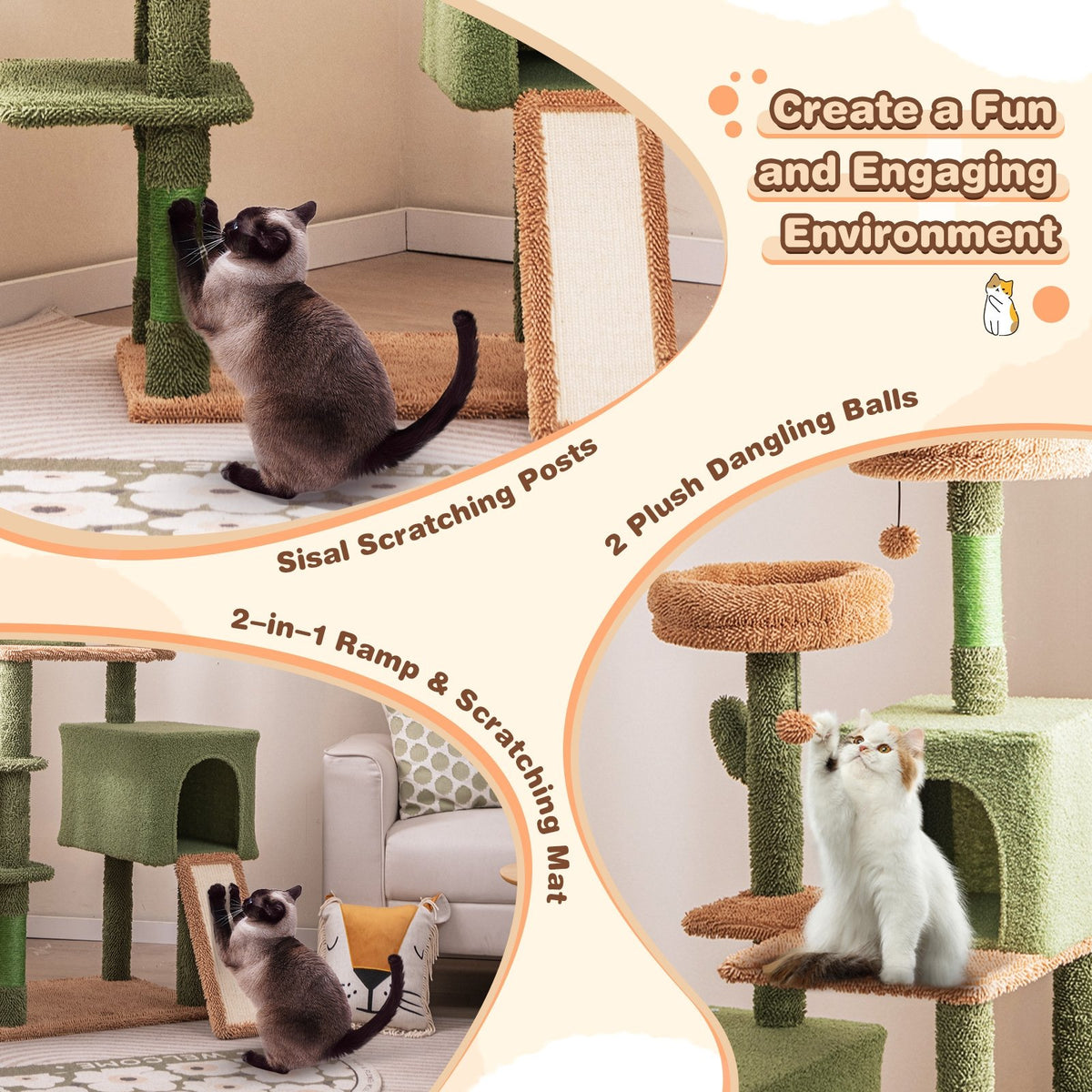 Multi-level Cactus Cat Tree with Scratching Posts Ladder Double Condos and Toys Bed-Green view 6