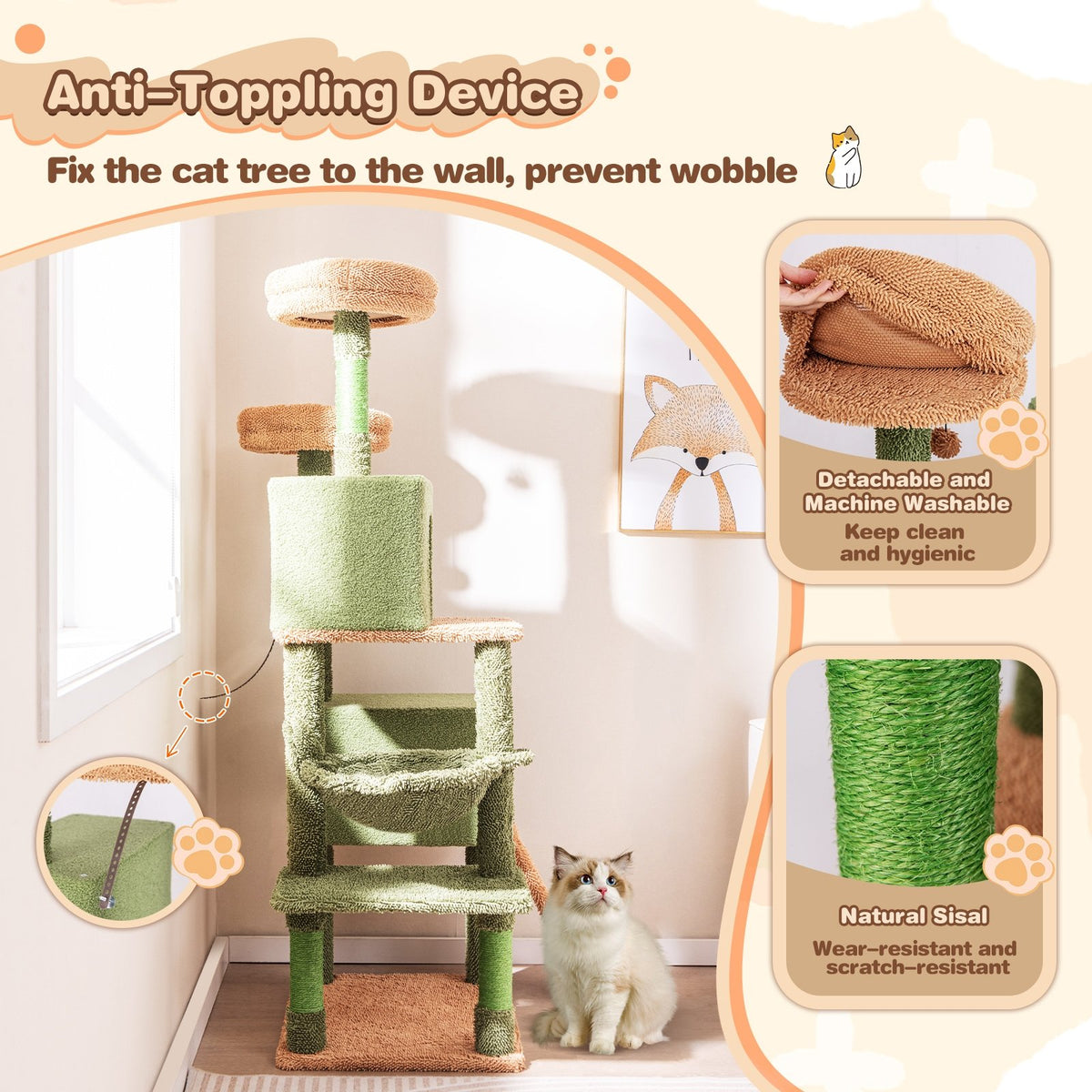 Multi-level Cactus Cat Tree with Scratching Posts Ladder Double Condos and Toys Bed-Green view 8