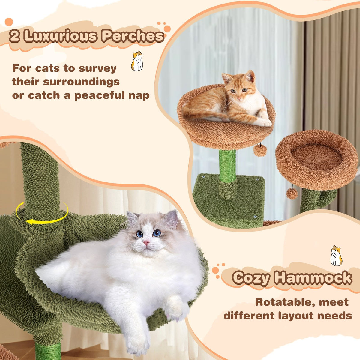 Multi-level Cactus Cat Tree with Scratching Posts Ladder Double Condos and Toys Bed-Green view 9