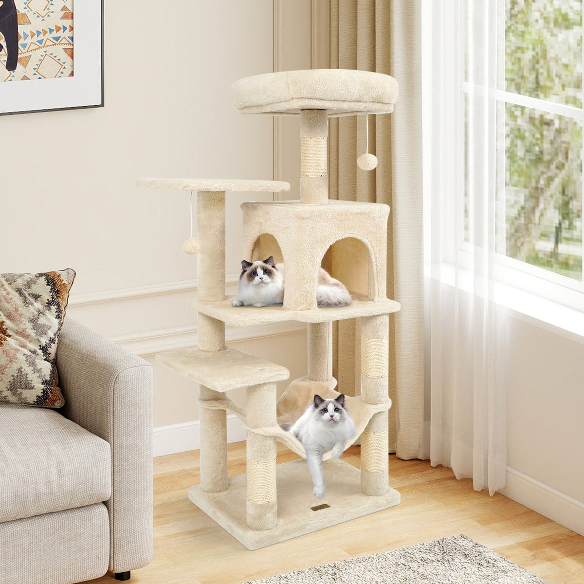 Multi-Level Cat Tower with 2-Door Condo and Padded Top Perch-Beige view 2