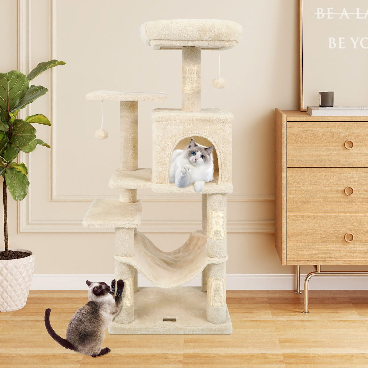 Multi-Level Cat Tower with 2-Door Condo and Padded Top Perch-Beige view 3
