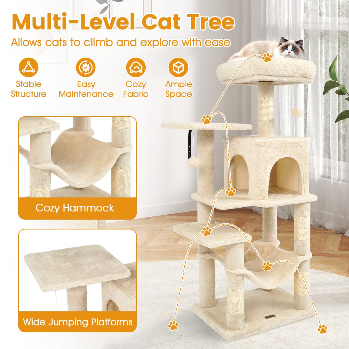 Multi-Level Cat Tower with 2-Door Condo and Padded Top Perch-Beige view 8