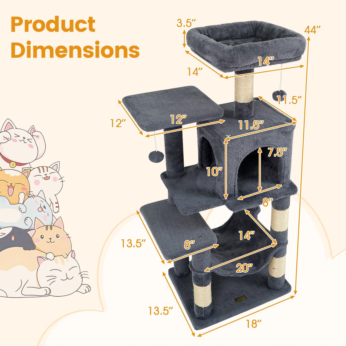 Multi-Level Cat Tower with 2-Door Condo and Padded Top Perch-Gray view 5