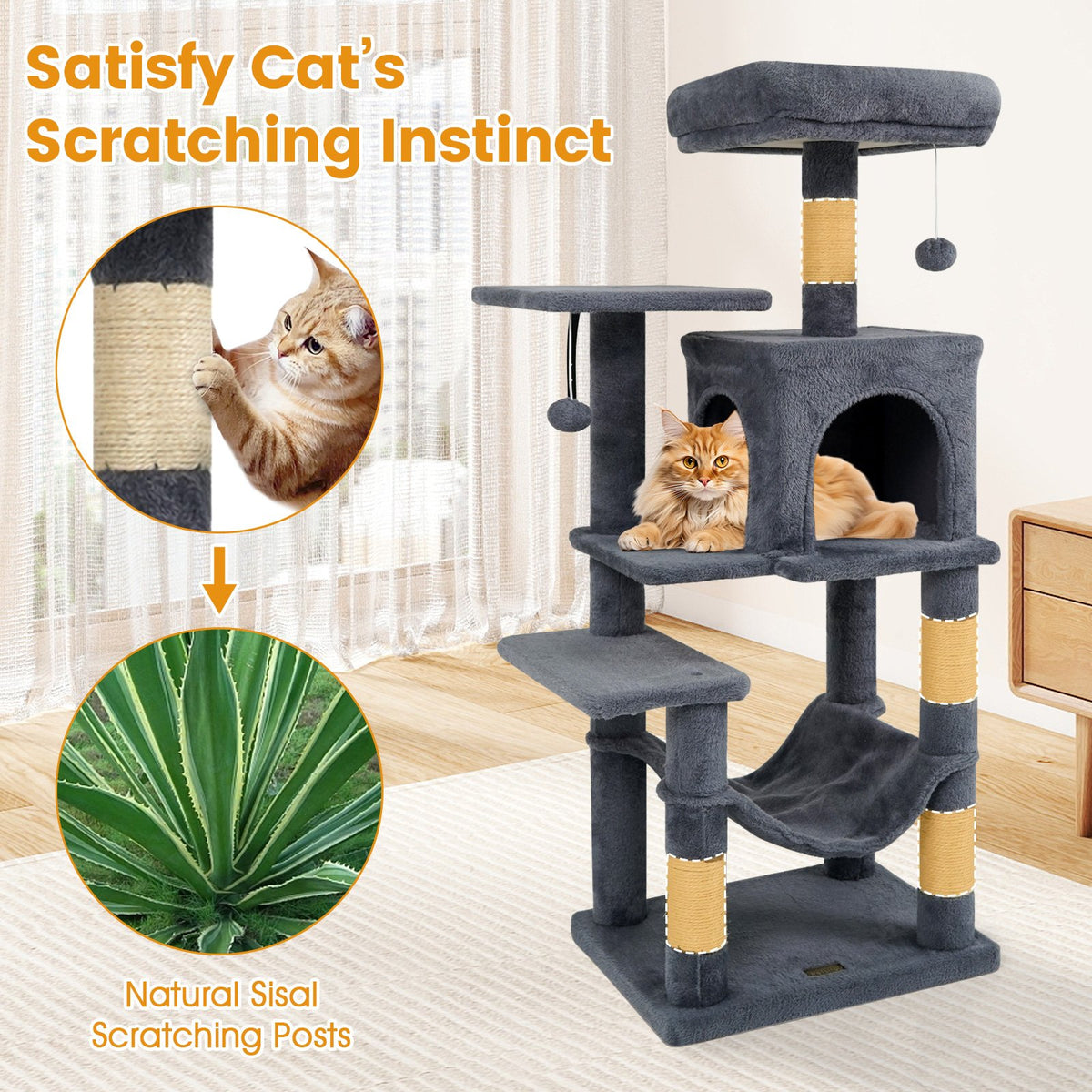 Multi-Level Cat Tower with 2-Door Condo and Padded Top Perch-Gray view 8