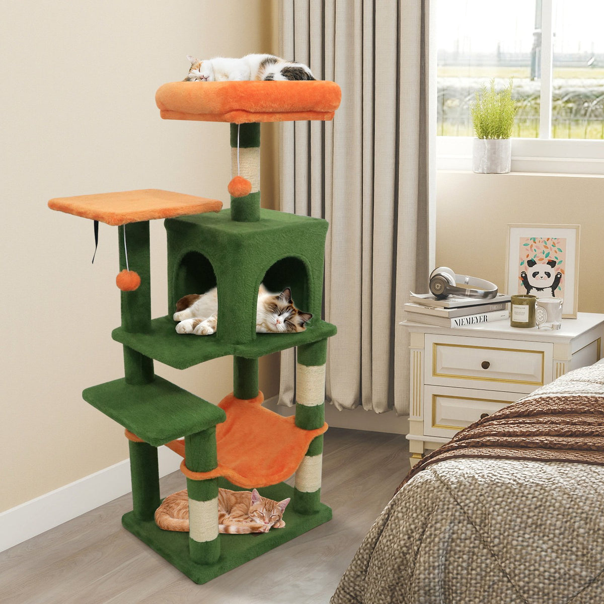 Multi-Level Cat Tower with 2-Door Condo and Padded Top Perch-Green view 6