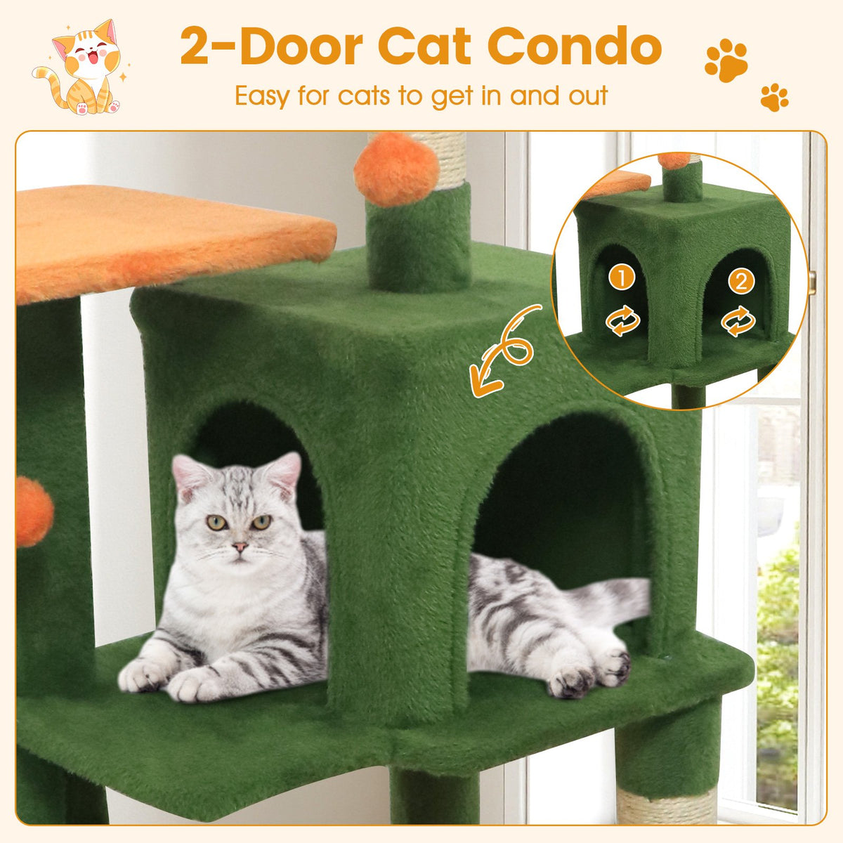 Multi-Level Cat Tower with 2-Door Condo and Padded Top Perch-Green view 7