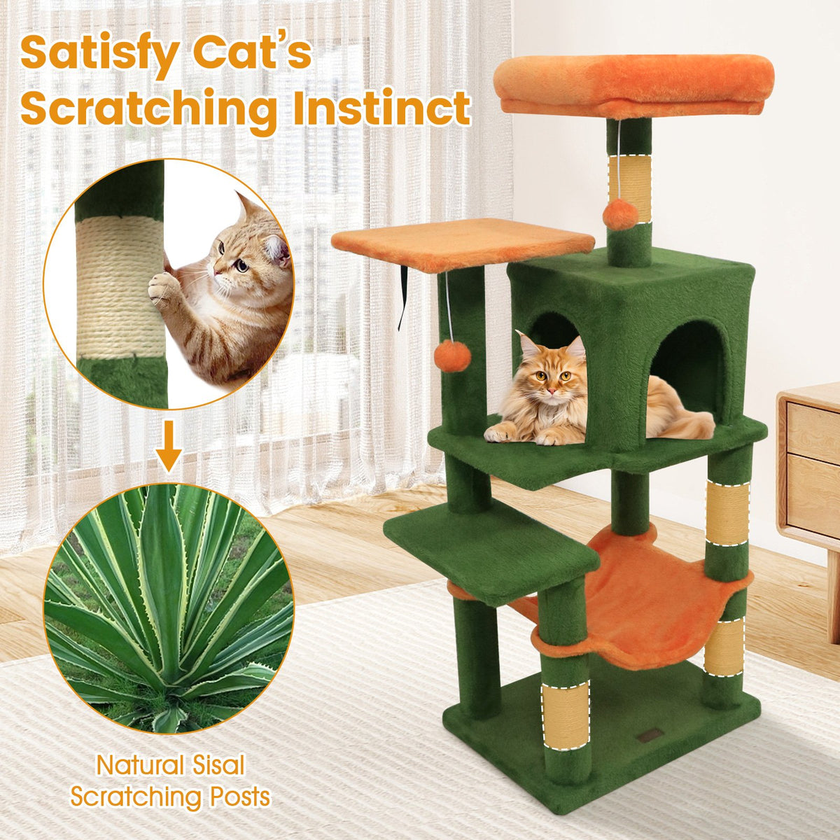Multi-Level Cat Tower with 2-Door Condo and Padded Top Perch-Green view 8