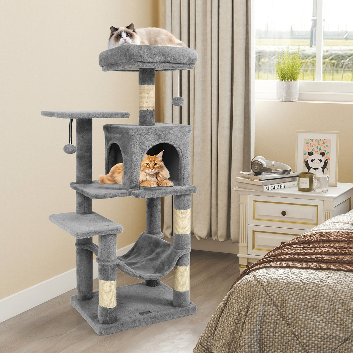 Multi-Level Cat Tower with 2-Door Condo and Padded Top Perch-Light Gray view 2