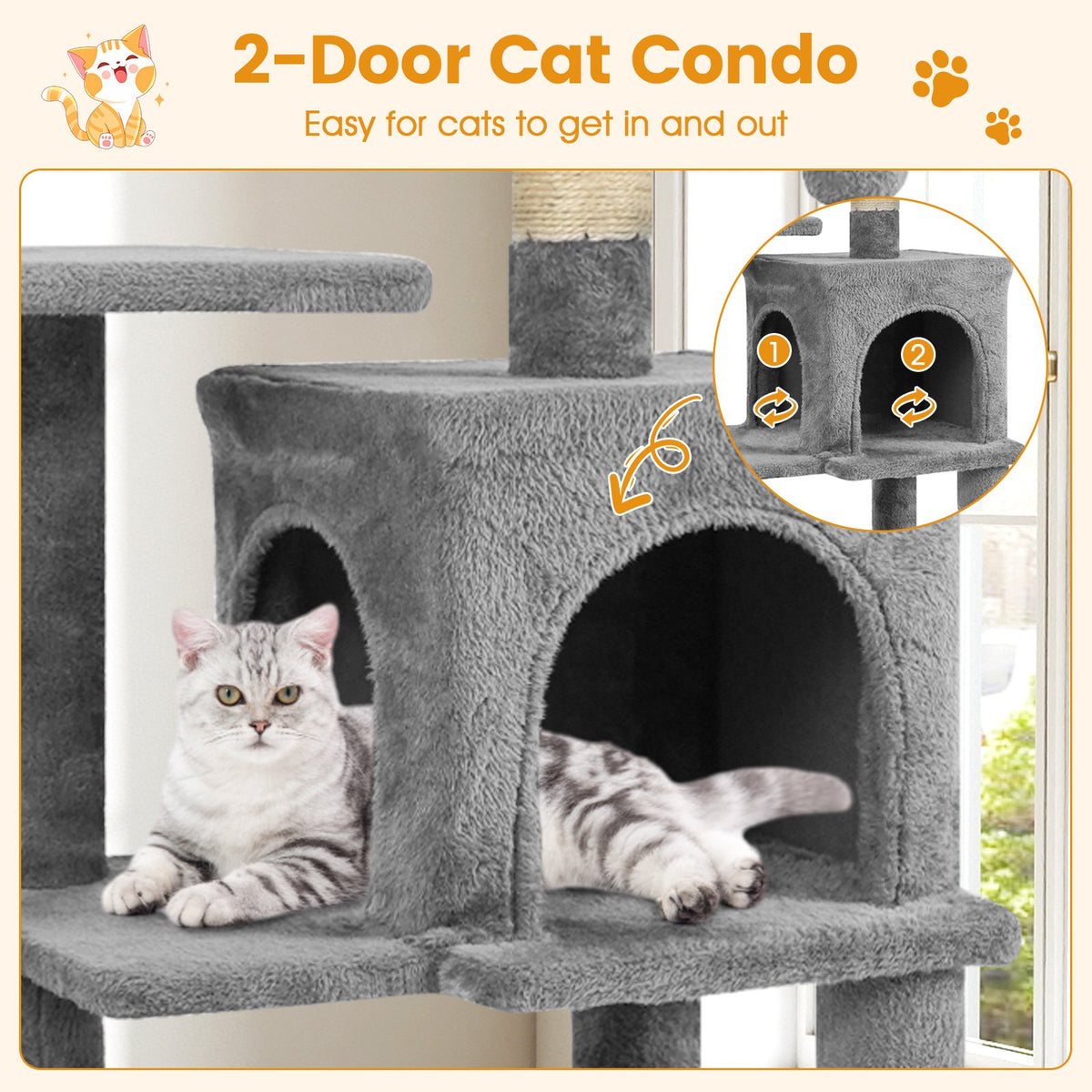Multi-Level Cat Tower with 2-Door Condo and Padded Top Perch-Light Gray view 6